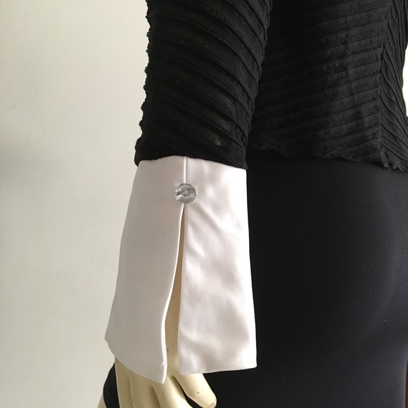JS collection long sleeved black evening top with white collar and trim buttoned - Picture 6 of 8
